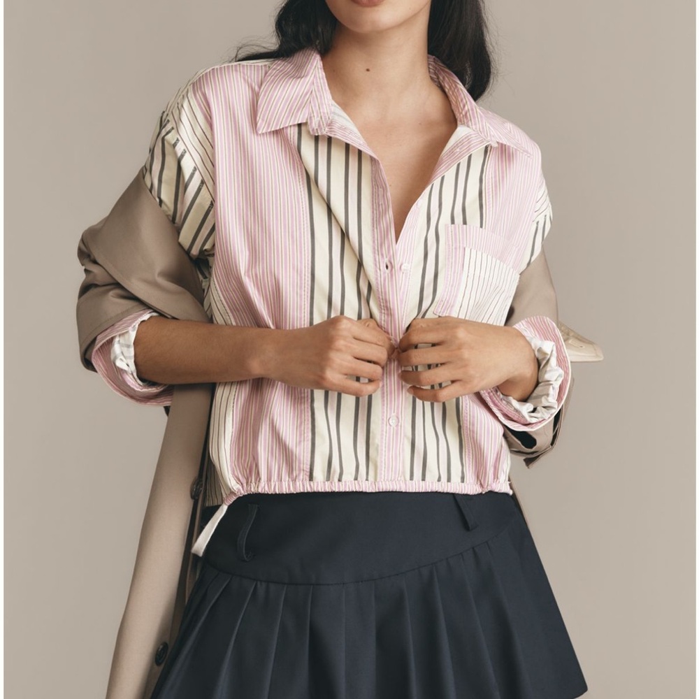 Anthropologie Pink and White Striped Button-Down Crop Shirt